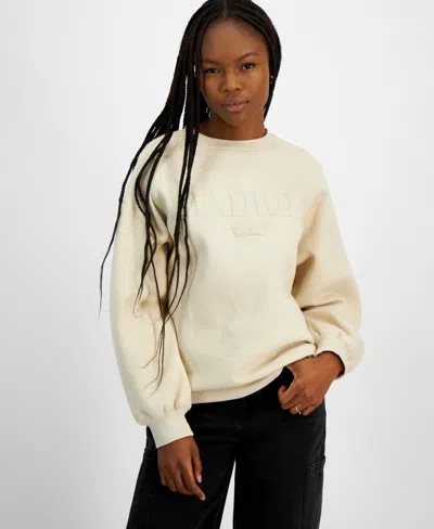 Planet Heart Women's Embossed Graphic Glitter-finish Sweatshirt In Oatmeal