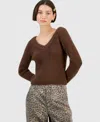 Planet Heart Women's V-neck Long-sleeve Eyelash Sweater In Brown