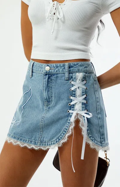 Playboy By Pacsun Women's Lace-up Denim Mini Skirt In Blue