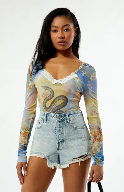 Playboy By Pacsun Women's Snake Mesh Long Sleeve Bodysuit In Multi