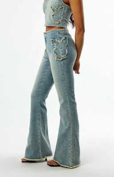 Playboy By Pacsun Women's Stretch Frayed High Waisted Flare Jeans In Denim In Multi
