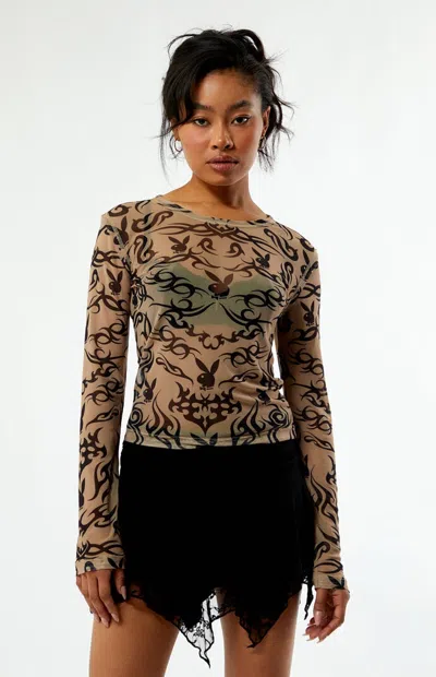 Playboy By Pacsun Women's Tattoo Print Mesh Long Sleeve Top In Tan/black In Multi