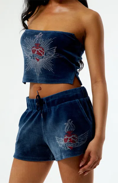 Playboy By Pacsun Women's Velour Shorts In Navy In Blue