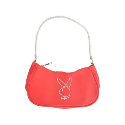 Playboy Nylon Handbag With Rhinestone Handle And Rhinestone Bunny In Orange
