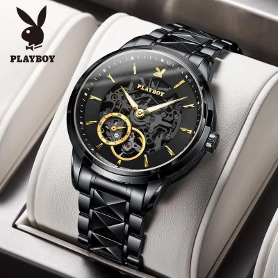 Pre-owned Playboy Watch Mechanical Watch Stainless Steel Waterproof Men's Business In Black Steel Black Surface Gold Scale