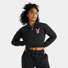 Playboy Women's Script Crop Quarter-zip Sweatshirt In Black