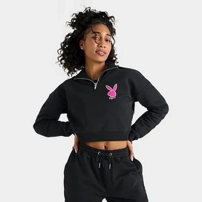Playboy Women's Script Crop Quarter-zip Sweatshirt In Black