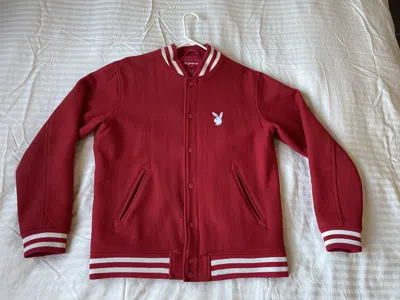 Pre-owned Playboy X Supreme Playboy Varsity Jacket (signed By Travis Scott) In Red