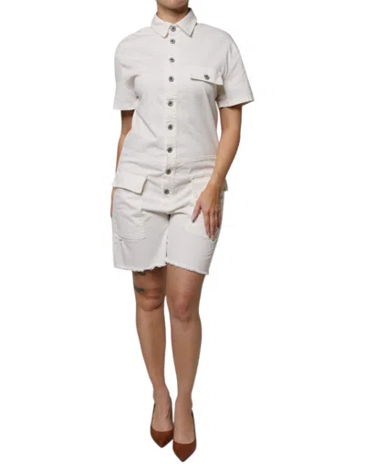 Please White Cotton Short Sleeves Button Down Romper Women's Dress