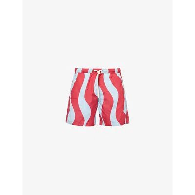 Pleasing Mens Red And Blue Wavy Recycled-polyester Swim Shorts