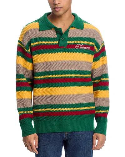 Pleasures Cooper Regular Fit Striped Knit Polo Sweater In Green