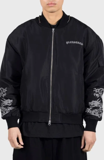 Pleasures Dragon Water Resistant Satin Bomber Jacket In Black