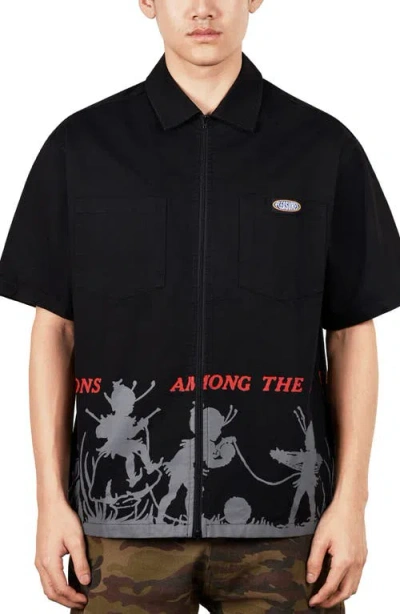 Pleasures Fairies Relaxed Fit Cotton Zip Shirt In Black