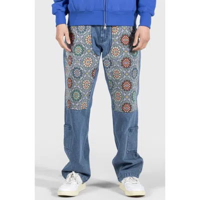 Pleasures Floral Ultra Wide Leg Jeans In Indigo
