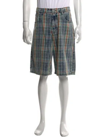 Pre-owned Pleasures Plaid Print Denim Shorts In Blue