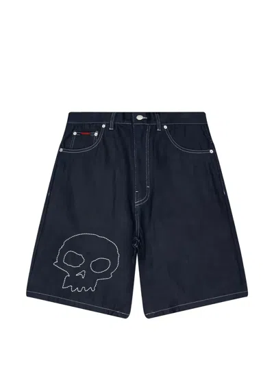 Pleasures Skull Embroidered Denim Shorts In Blue