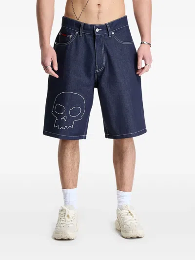 Pleasures Skull-embroidered Denim Shorts In Blue