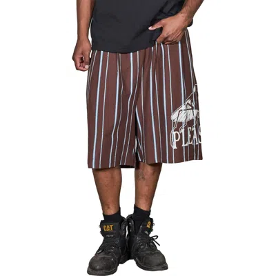 Pleasures Teleport Wide Stripe Drawstring Cotton Shorts In Brown