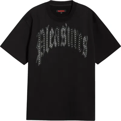 Pleasures Twitch Leather Appliqué & Rhinestone T-shirt In Black