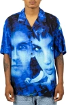 Pleasures Virus Rayon Button Down Shirt In Blue/ Black