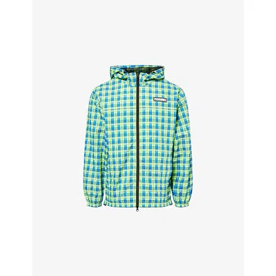 Pleasures X Boiler Room Mens  Practice Check-print Hooded Cotton-blend Jacket Neon Xl In Blue