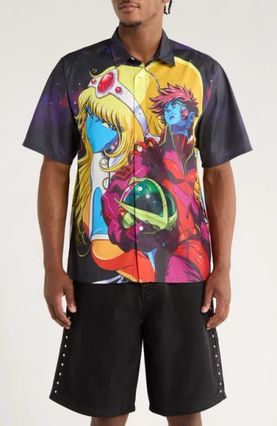 Pleasures X Daft Punk Interstella Short Sleeve Satin Button-up Shirt In Black