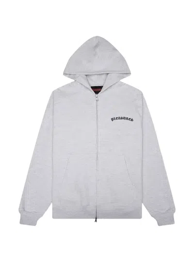Pleasures Zip Embroidered Hoodie In White