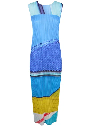 Pleats Please Abito Maniche Lunghe "city Collage" In Blue