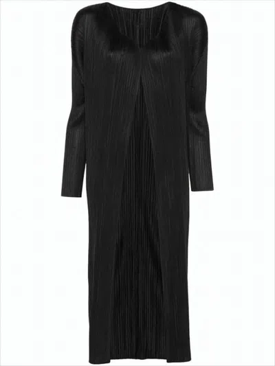 Pleats Please Knee-length Pleated Cardi With Open Front Design In Black
