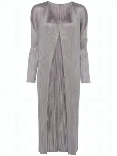 Pleats Please Longline Pleated Cardigan With Open Front Design In Gray