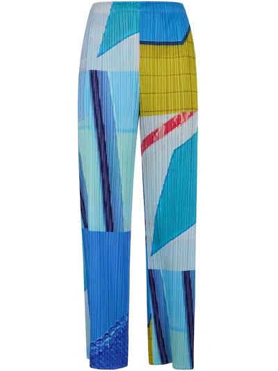 Pleats Please Pantaloni Poliestere Blu "city Collage" In Multi
