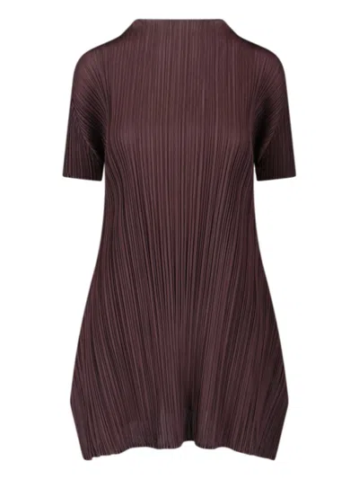 PLEATS PLEASE PLEATED BROWN DRESS WITH FLOWING SILHOUETTE