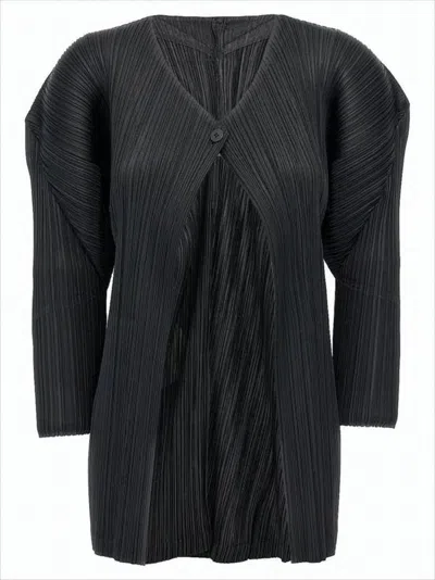 Pleats Please Pleated Design Cardigan With Deep V-neckline And Flowy Sleeves In Black