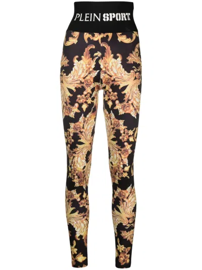 Plein Sport Baroque-print Cotton Leggings In Black