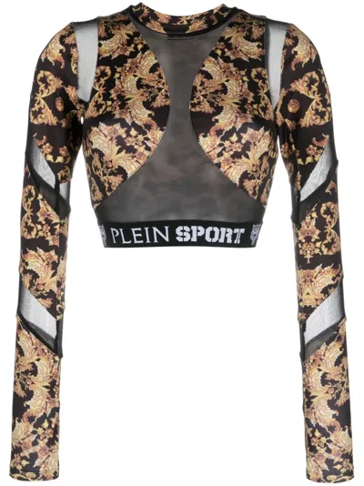 Plein Sport Baroque-print Long-sleeved Crop Top In Black