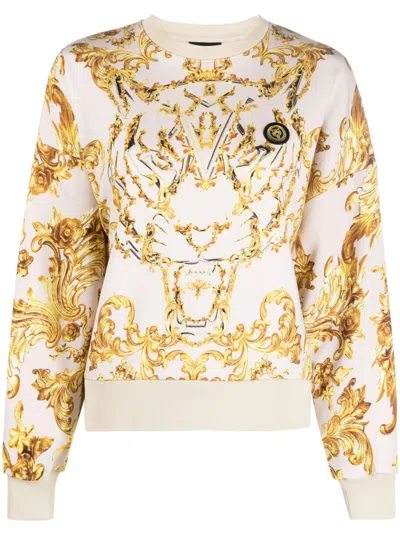 Plein Sport Baroque-print Long-sleeved Cropped Sweatshirt In Neutrals