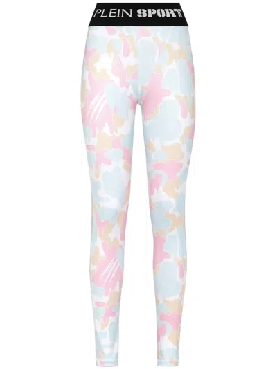 Plein Sport Camouflage-print Logo-waistband Leggings In Blue