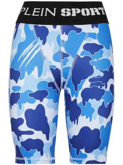Plein Sport Camouflage-print Logo-waistband Leggings In Blue