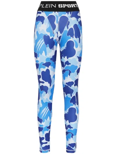 Plein Sport Camouflage-print Logo-waistband Leggings In Blue