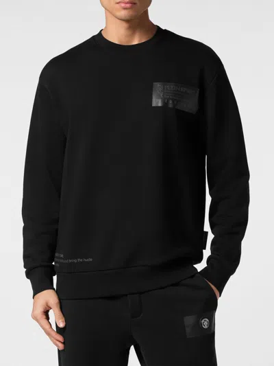 Plein Sport Cotton Crewneck Sweatshirt With Printed Logo And Dropped Shoulders In Black