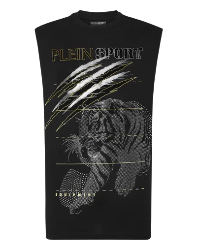 Plein Sport Cotton Dotted T-shirt Round Neck Sleeveless Lamina Tiger In Black