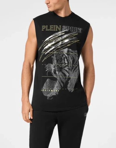Plein Sport Cotton Dotted T-shirt Round Neck Sleeveless Lamina Tiger Men In Black