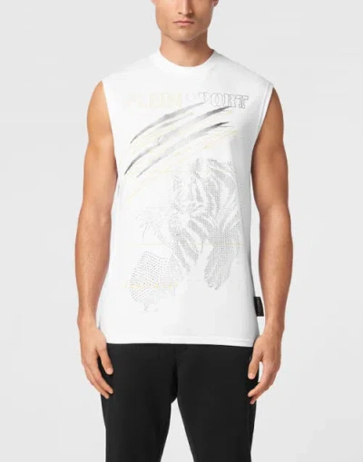 Plein Sport Cotton Dotted T-shirt Round Neck Sleeveless Lamina Tiger Men In White