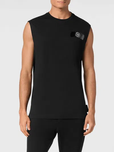 Plein Sport Cotton Tank Top With Contrast Logo And Round Neck In Black