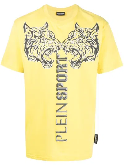 Plein Sport Crew Neck Tiger-print T-shirt In Gelb