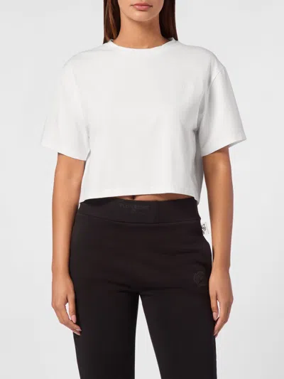 Plein Sport Crewneck Cotton Jersey T-shirt With Dropped Shoulders In White