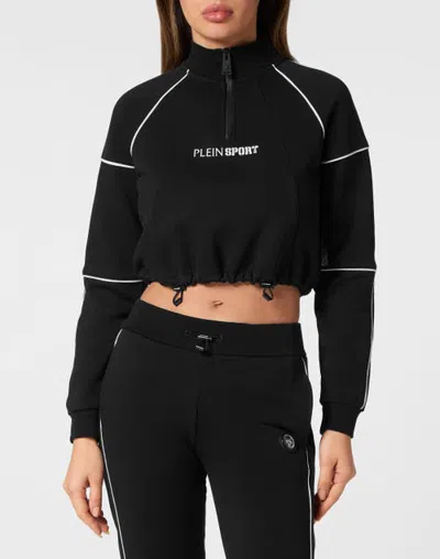 Plein Sport Cropped Hoodie Sweatshirt Women In Black
