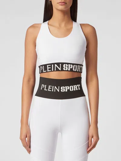 Plein Sport Cropped Jersey Sports Top With Square Neckline And Jacquard Logo In White