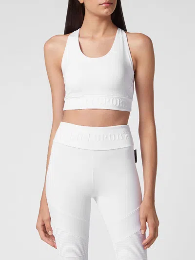 Plein Sport Cropped Sports Jersey Top With Thin Straps In White