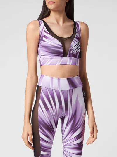Plein Sport Cropped Sports Top In Tech Fabric With Logo Print And U-neck In Purple